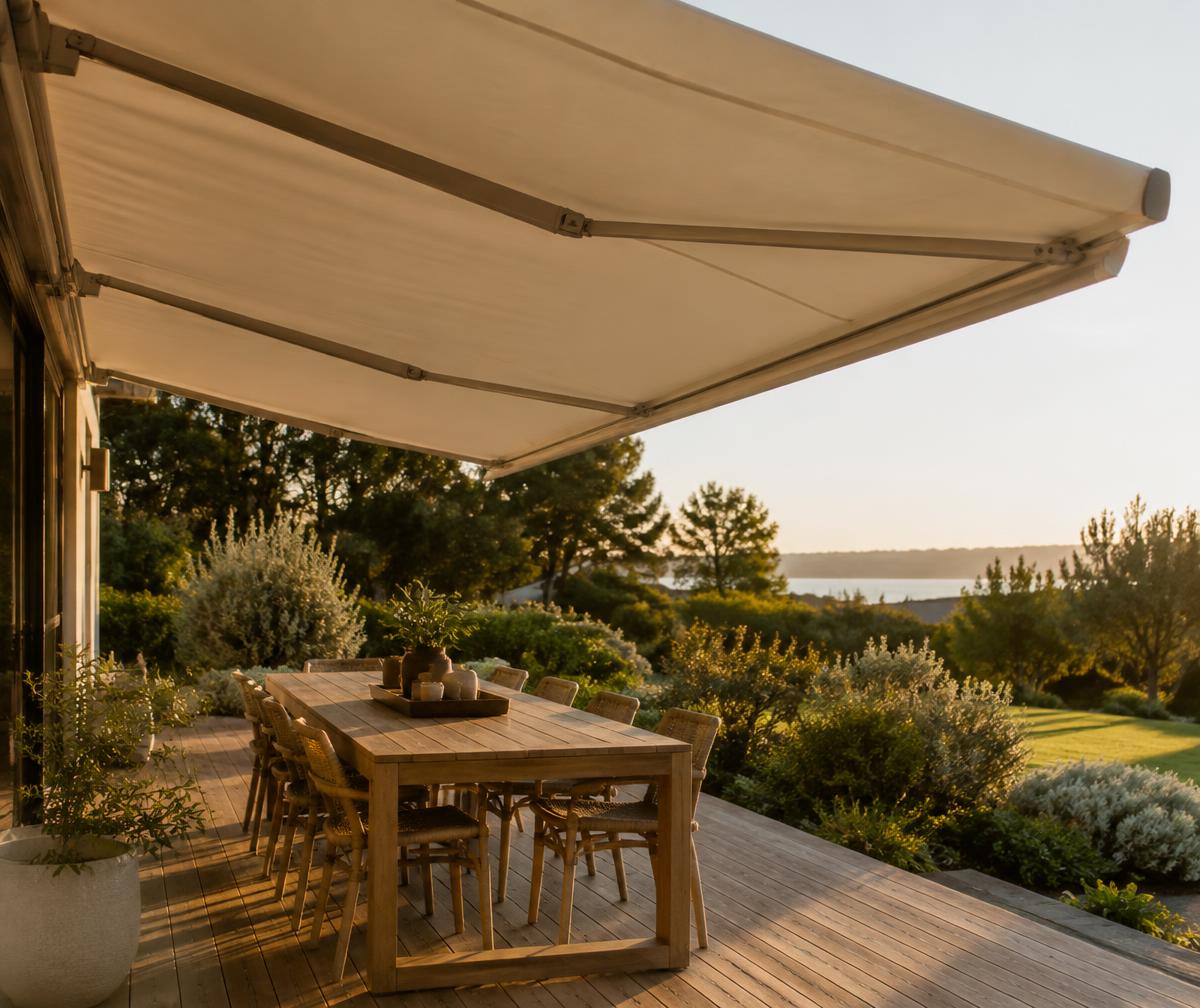 Illustrative retractable folding-arm awning extended over an outdoor dining setting