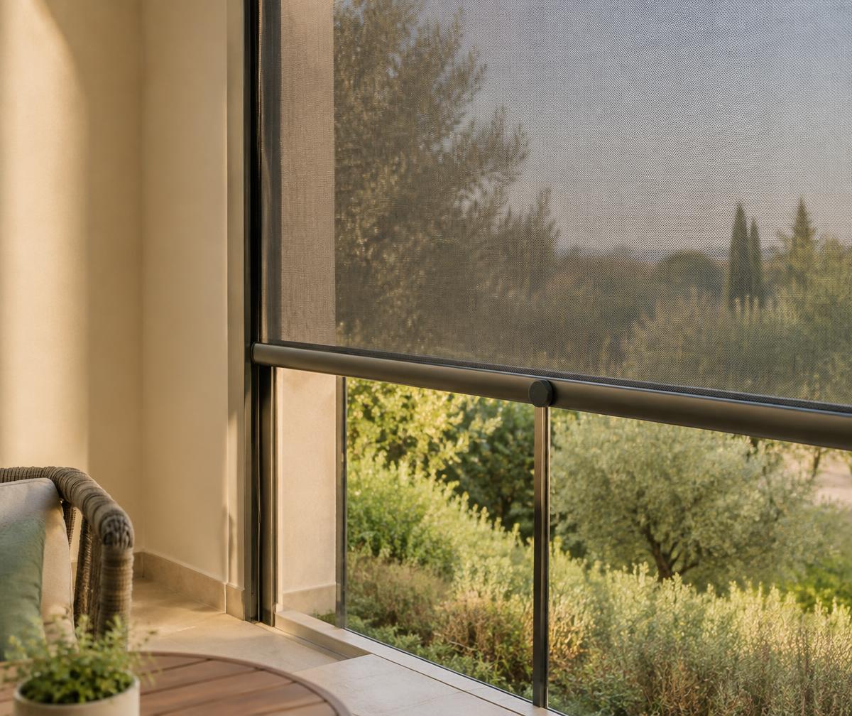 Illustrative mesh outdoor blind locked at half height with a round twist-lock bottom rail