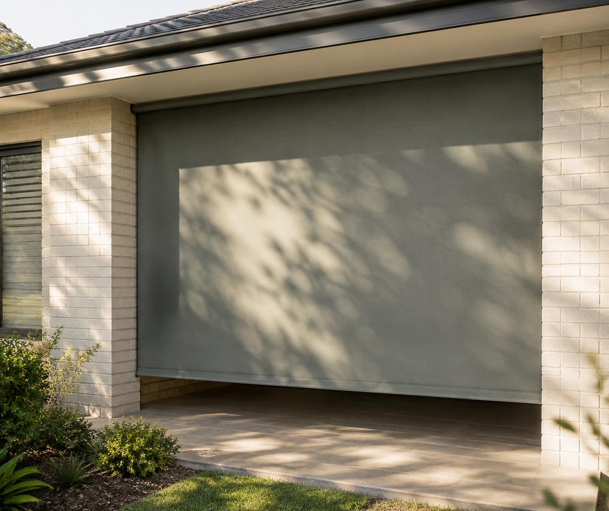 Illustrative straight-drop fabric blind fully lowered across a covered patio opening