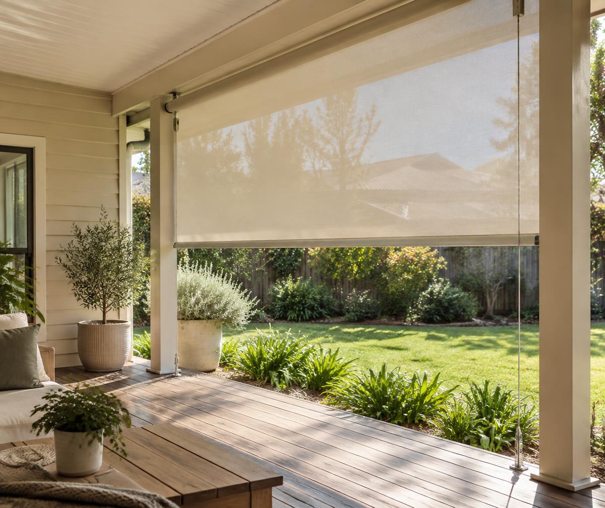 Illustrative cable-guided outdoor blind held taut between stainless-steel guide wires on a verandah